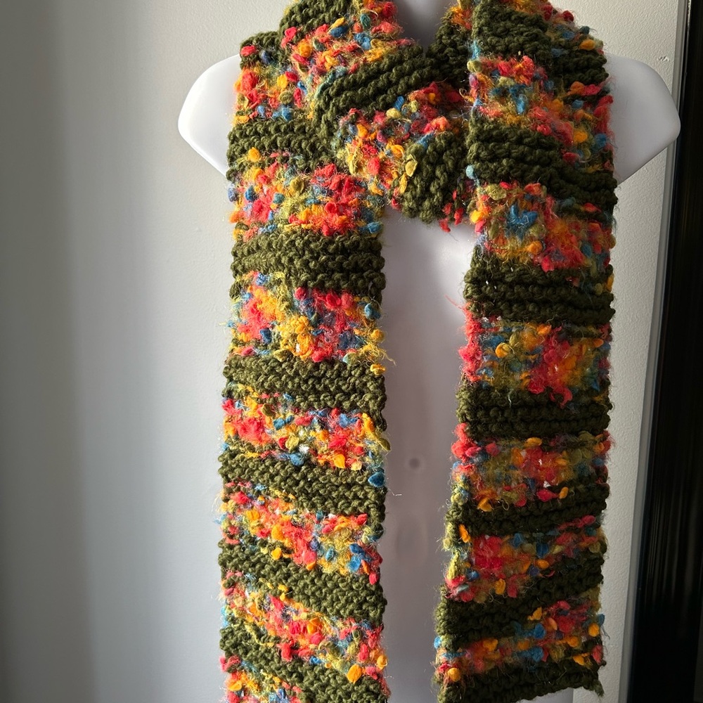 Colorful Knit Scarf with Olive Green Accents